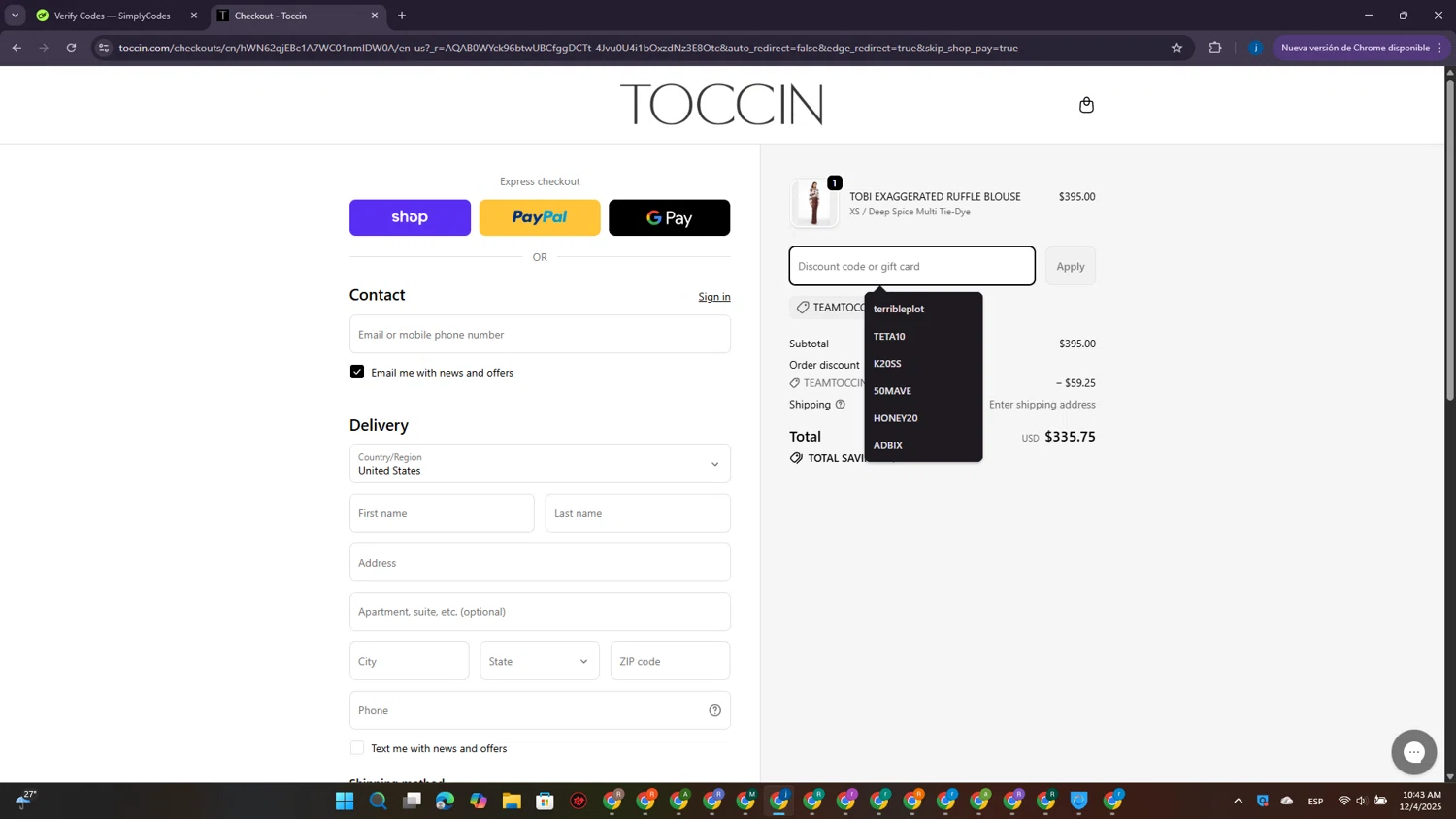 Toccin promo code screenshot showing code TEAMTOCCIN applied at Toccin checkout page. Uploaded by SimplyCodes community member CrownElite7615 on Dec 4, 2025