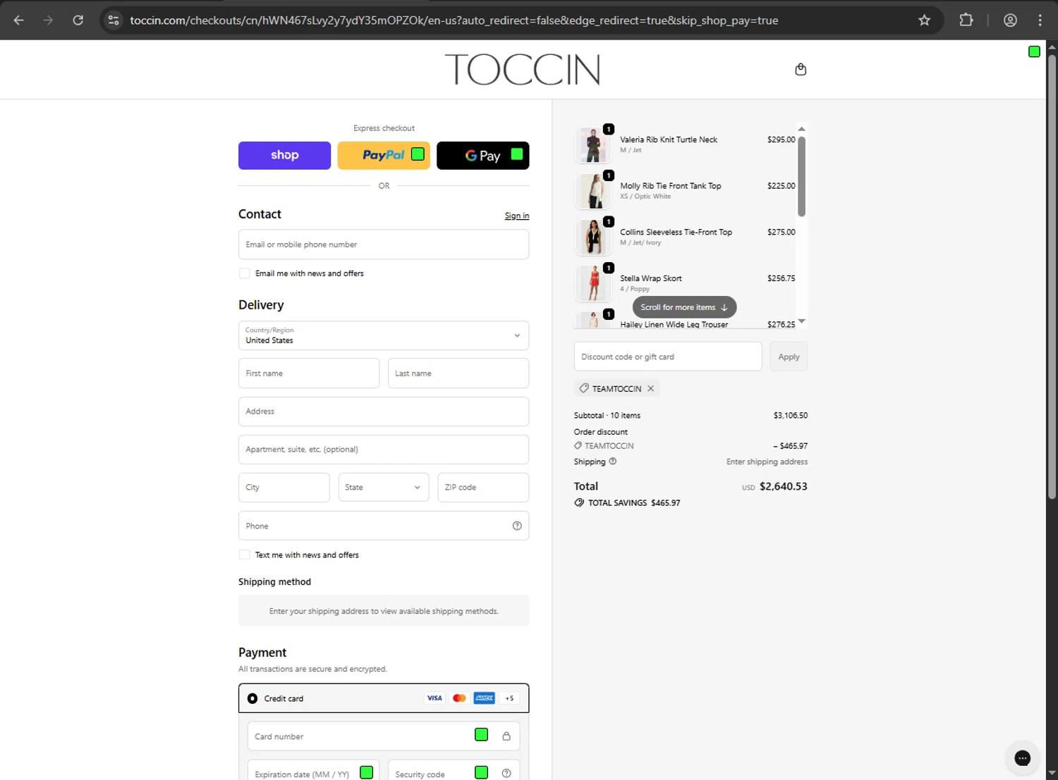 Toccin promo code screenshot showing code TEAMTOCCIN applied at Toccin checkout page. Uploaded by SimplyCodes community member fiadaz on Oct 14, 2025