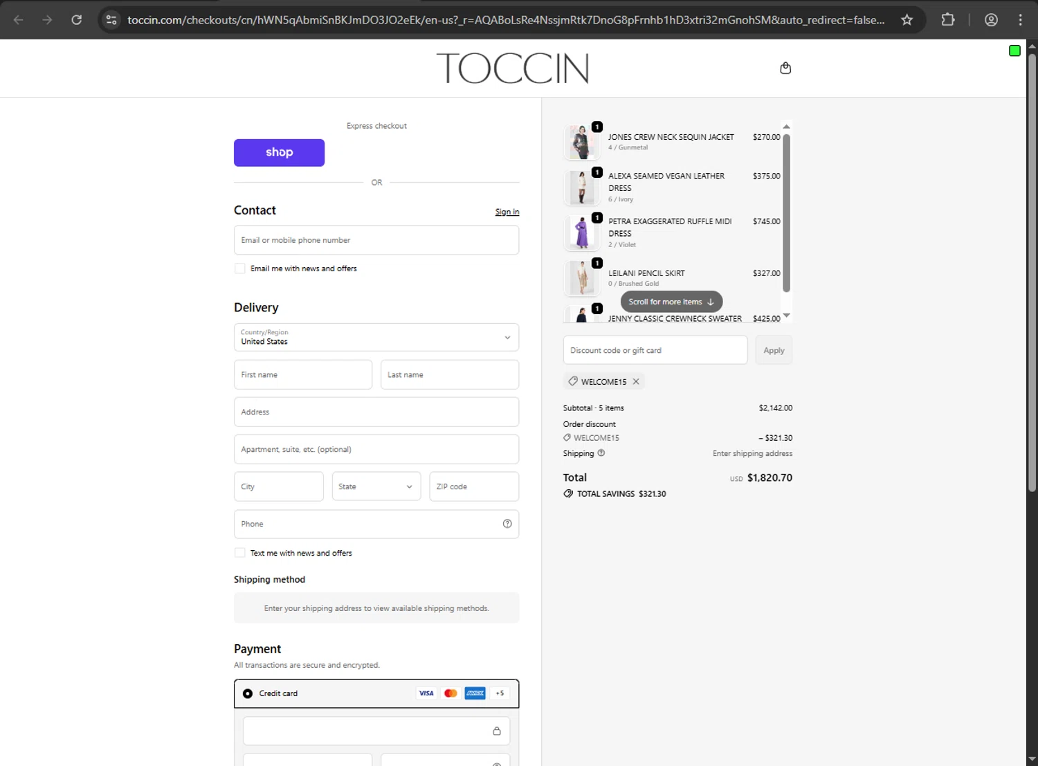 Toccin promo code screenshot showing code WELCOME15 applied at Toccin checkout page. Uploaded by SimplyCodes community member ValiantFox2134 on Nov 29, 2025