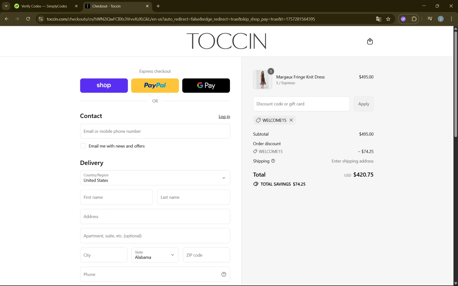 Toccin promo code screenshot showing code WELCOME15 applied at Toccin checkout page. Uploaded by SimplyCodes community member frijolito on Sep 7, 2025