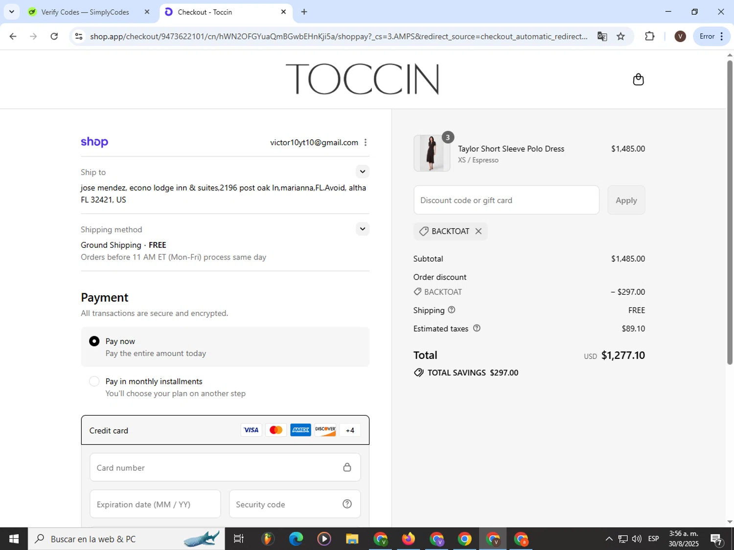 Toccin promo code screenshot showing code BACKTOAT applied at Toccin checkout page. Uploaded by SimplyCodes community member CashLion3448 on Aug 30, 2025