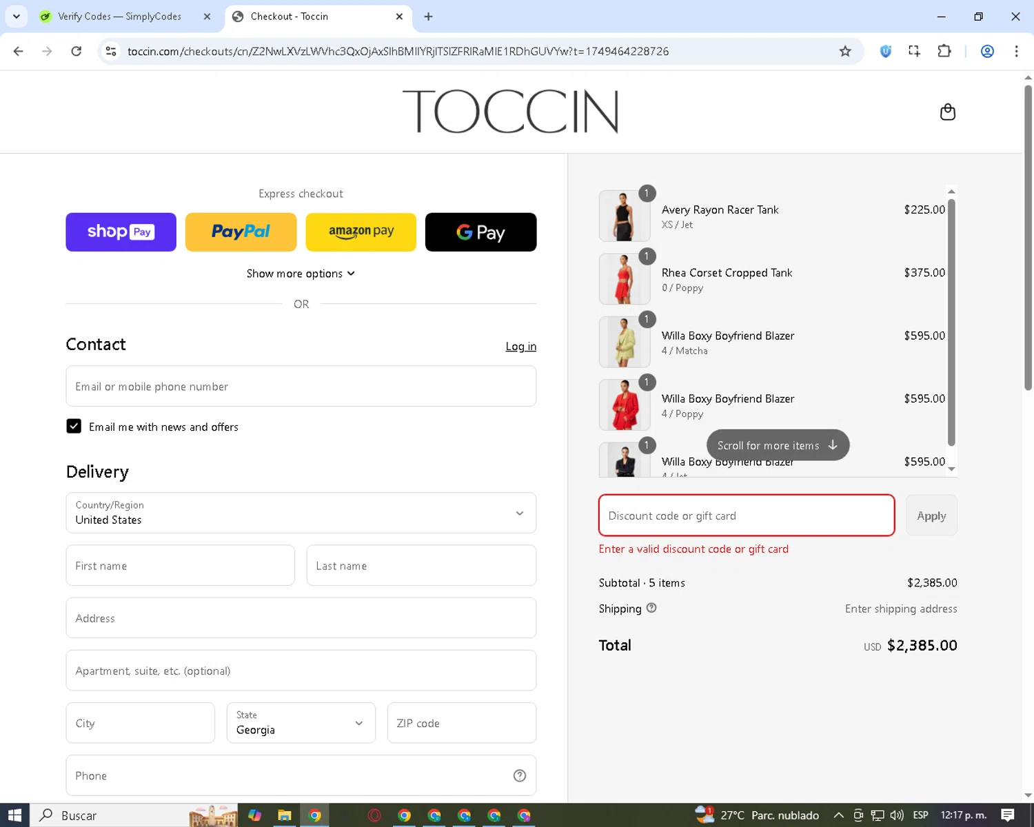 Toccin promo code screenshot showing code MEMORIALDAYSALE applied at Toccin checkout page. Uploaded by SimplyCodes community member CashFox8311 on Jun 9, 2025