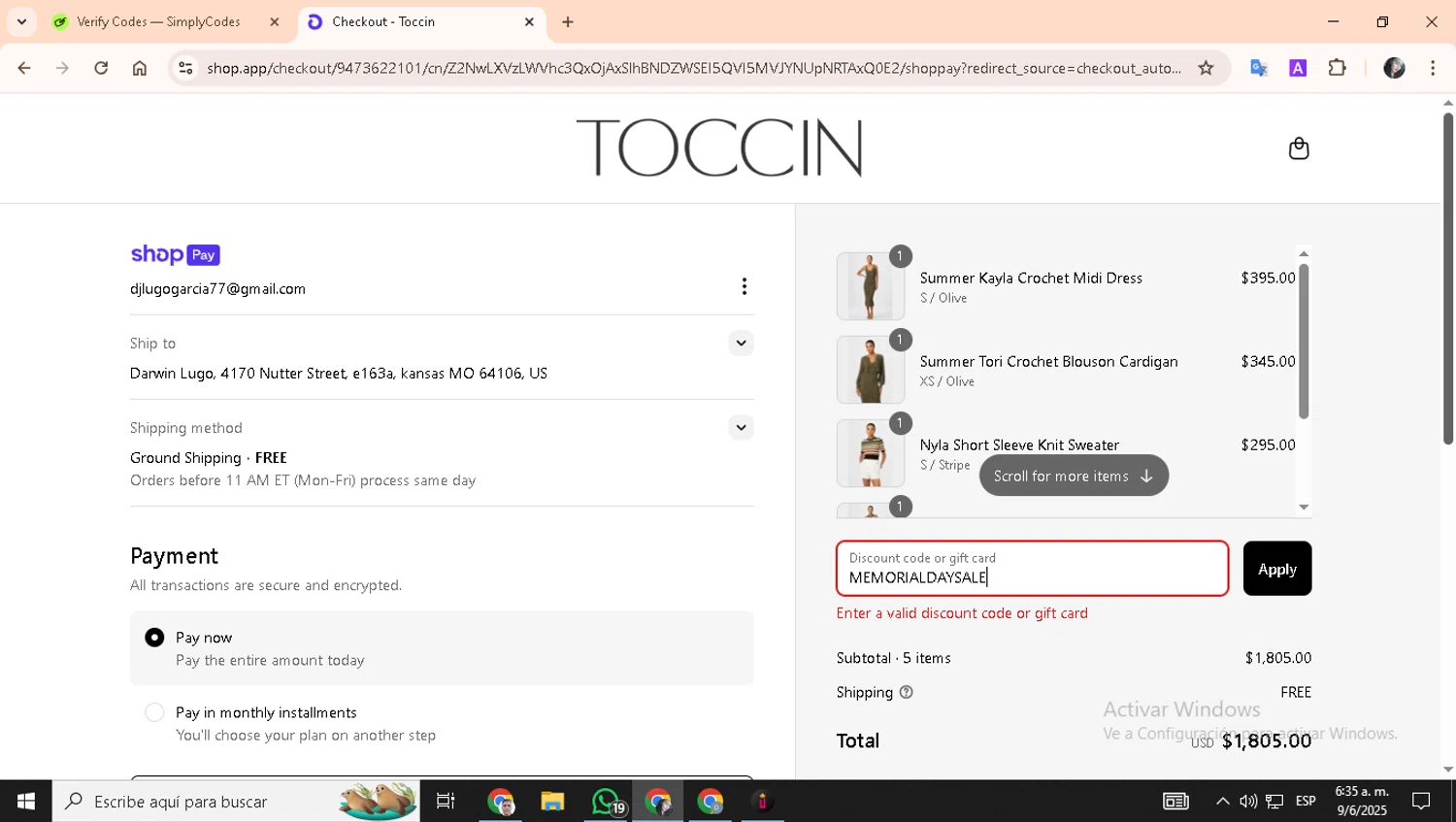 Toccin promo code screenshot showing code MEMORIALDAYSALE applied at Toccin checkout page. Uploaded by SimplyCodes community member Ediluna22 on Jun 9, 2025
