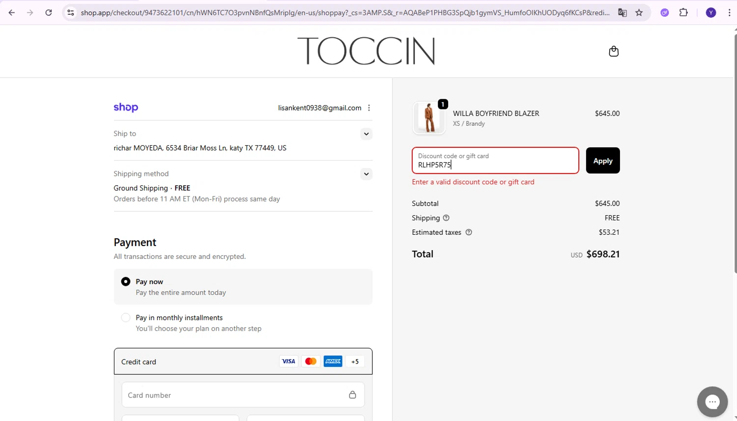Toccin promo code screenshot showing code RLHP5R75 applied at Toccin checkout page. Uploaded by SimplyCodes community member Yabriel007 on Dec 15, 2025