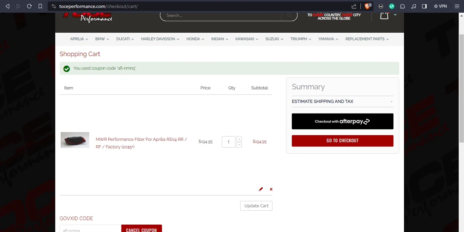 where to use Toce Performance promo code box
