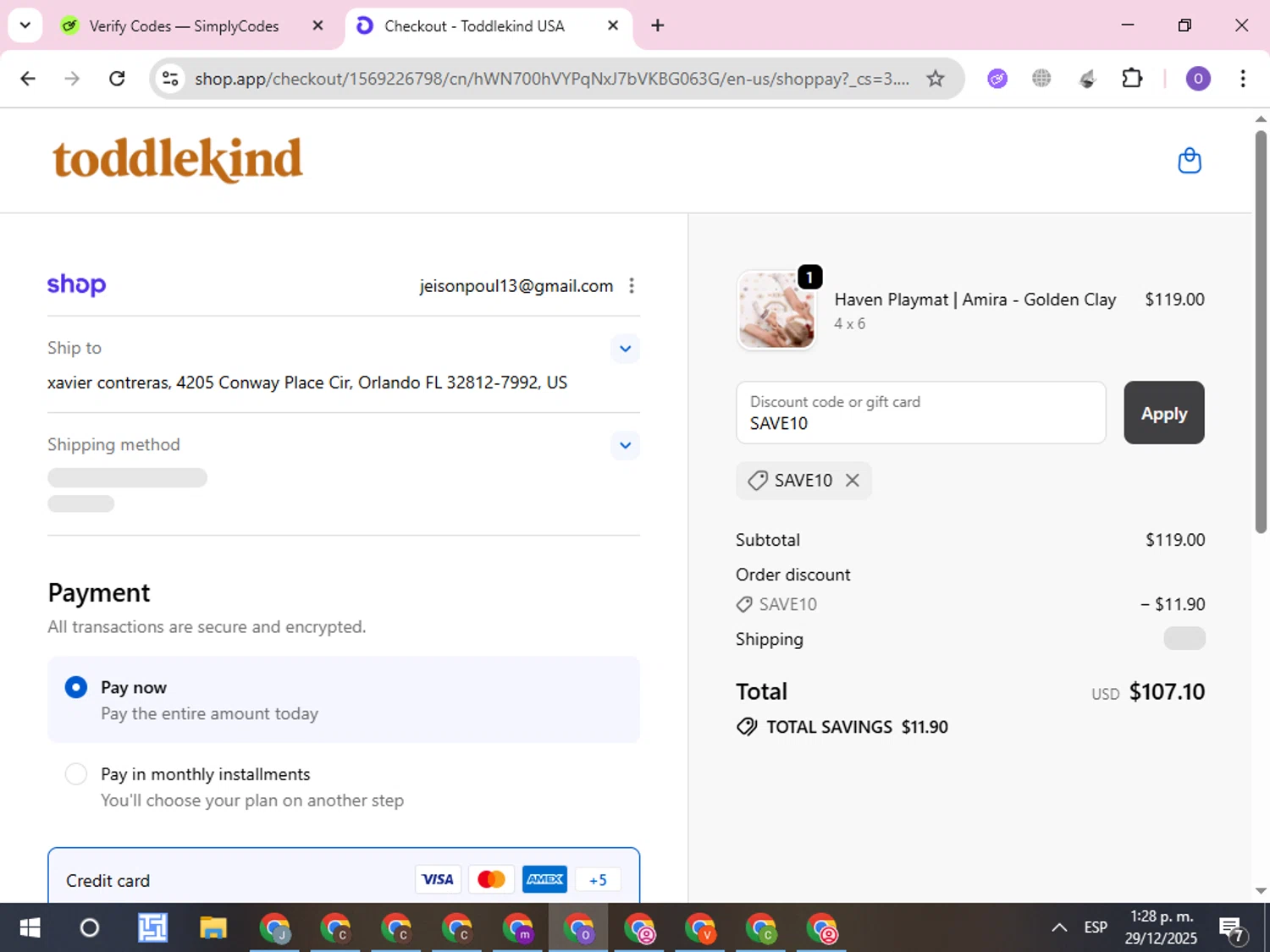 Toddlekind USA promo code screenshot showing code SAVE10 applied at Toddlekind USA checkout page. Uploaded by SimplyCodes community member CleverLynx8245 on Dec 29, 2025