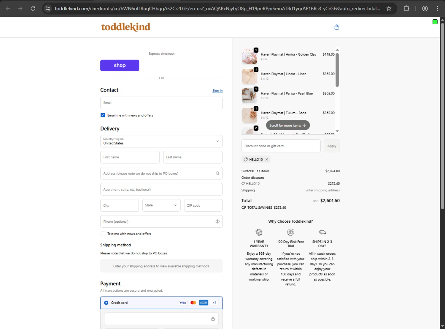 Toddlekind USA promo code screenshot showing code HELLO10 applied at Toddlekind USA checkout page. Uploaded by SimplyCodes community member QuestScholar1789 on Dec 24, 2025