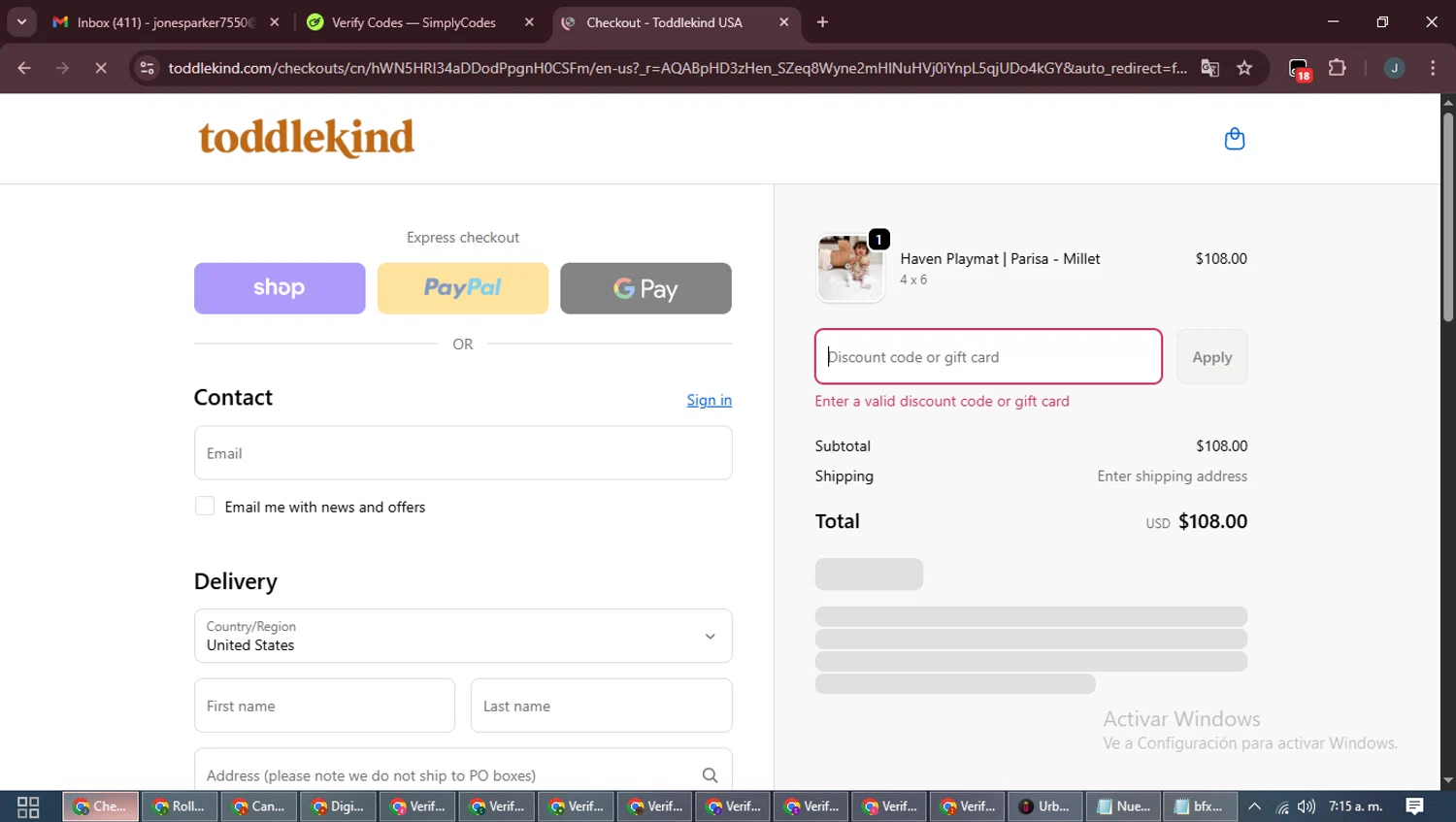 Toddlekind USA promo code screenshot showing code 21069 applied at Toddlekind USA checkout page. Uploaded by SimplyCodes community member ScanLynx8928 on Nov 14, 2025