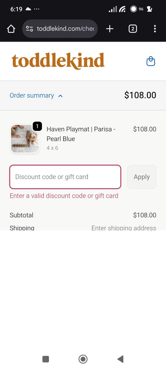 Toddlekind USA promo code screenshot showing code 21069 applied at Toddlekind USA checkout page. Uploaded by SimplyCodes community member Original01 on Nov 14, 2025