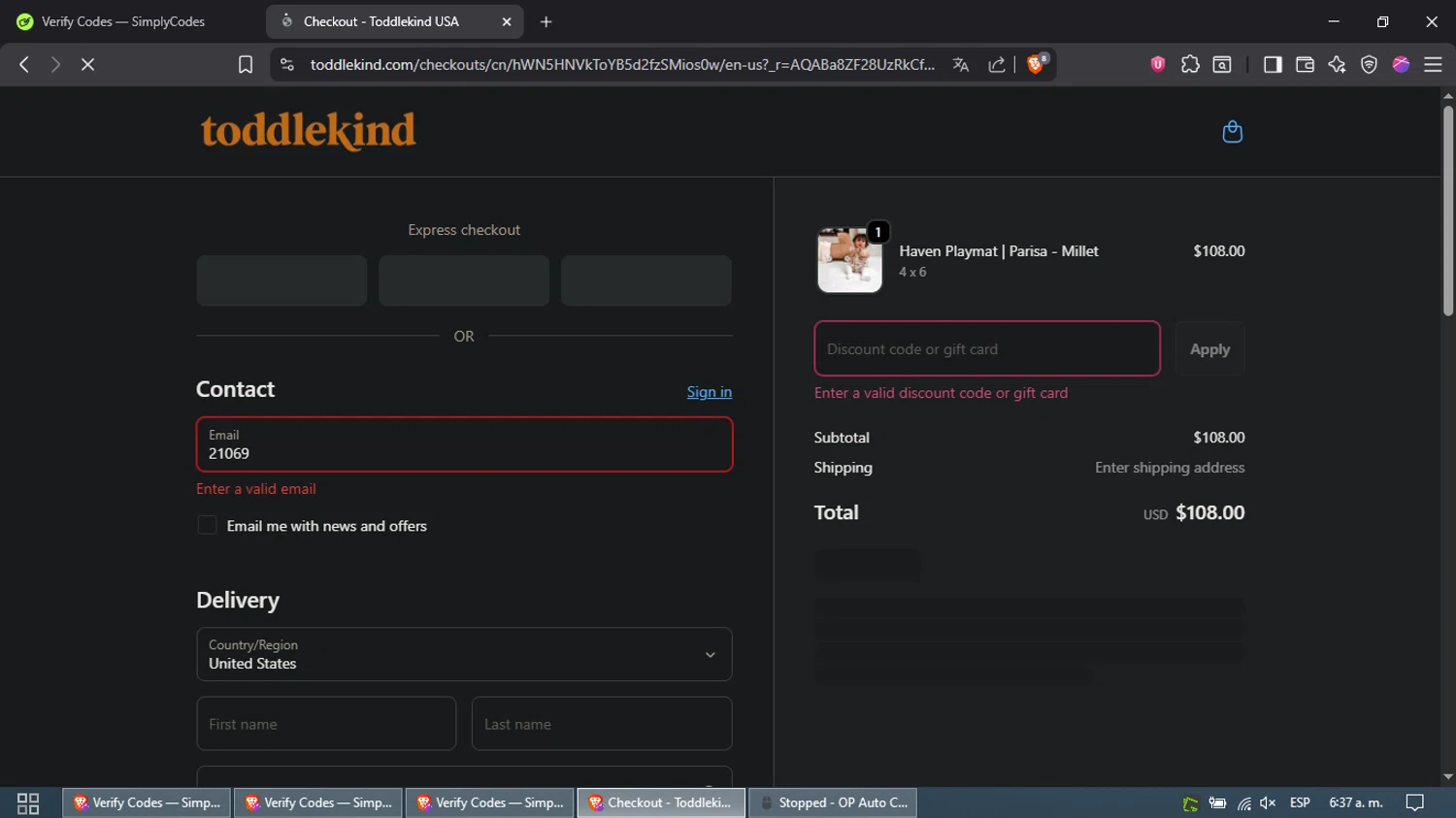 Toddlekind USA promo code screenshot showing code 21069 applied at Toddlekind USA checkout page. Uploaded by SimplyCodes community member Waynesmith on Nov 14, 2025
