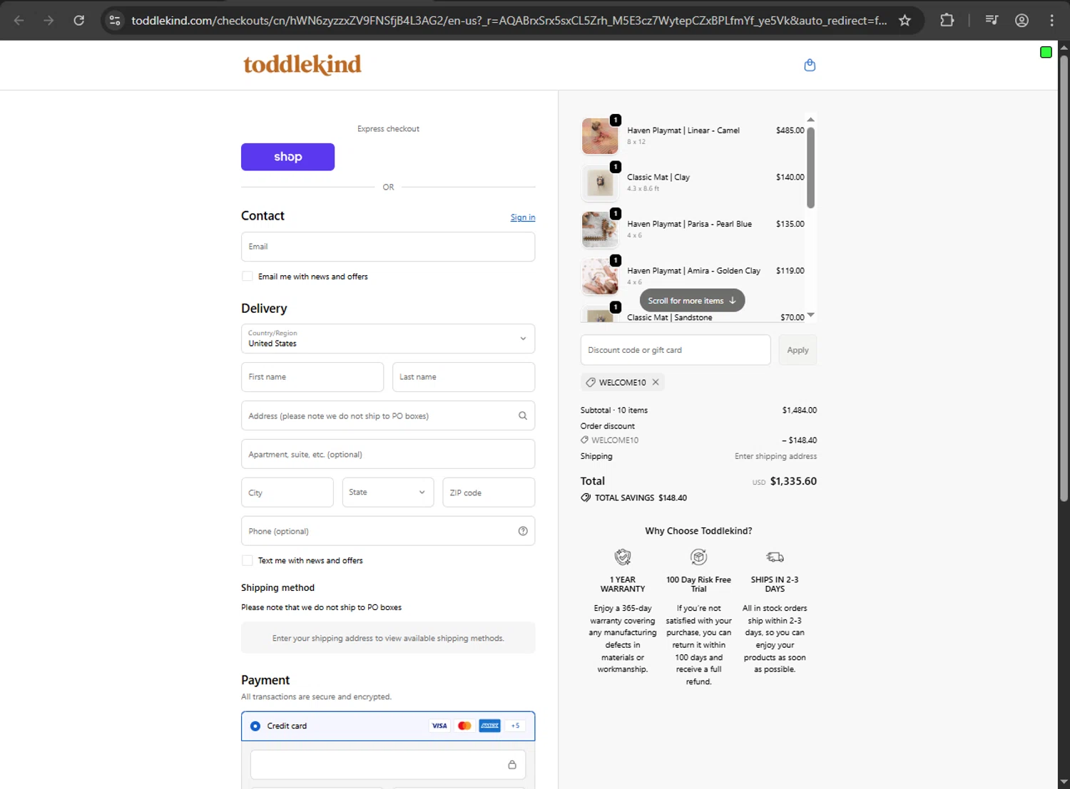 Toddlekind USA promo code screenshot showing code welcome10 applied at Toddlekind USA checkout page. Uploaded by SimplyCodes community member fiadaz on Dec 29, 2025