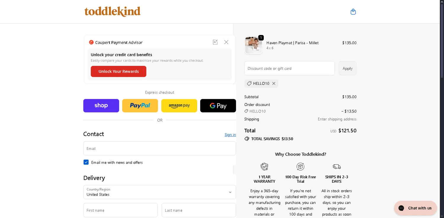 Toddlekind USA promo code screenshot showing code HELLO10 applied at Toddlekind USA checkout page. Uploaded by SimplyCodes community member Serdanvz on Dec 24, 2025