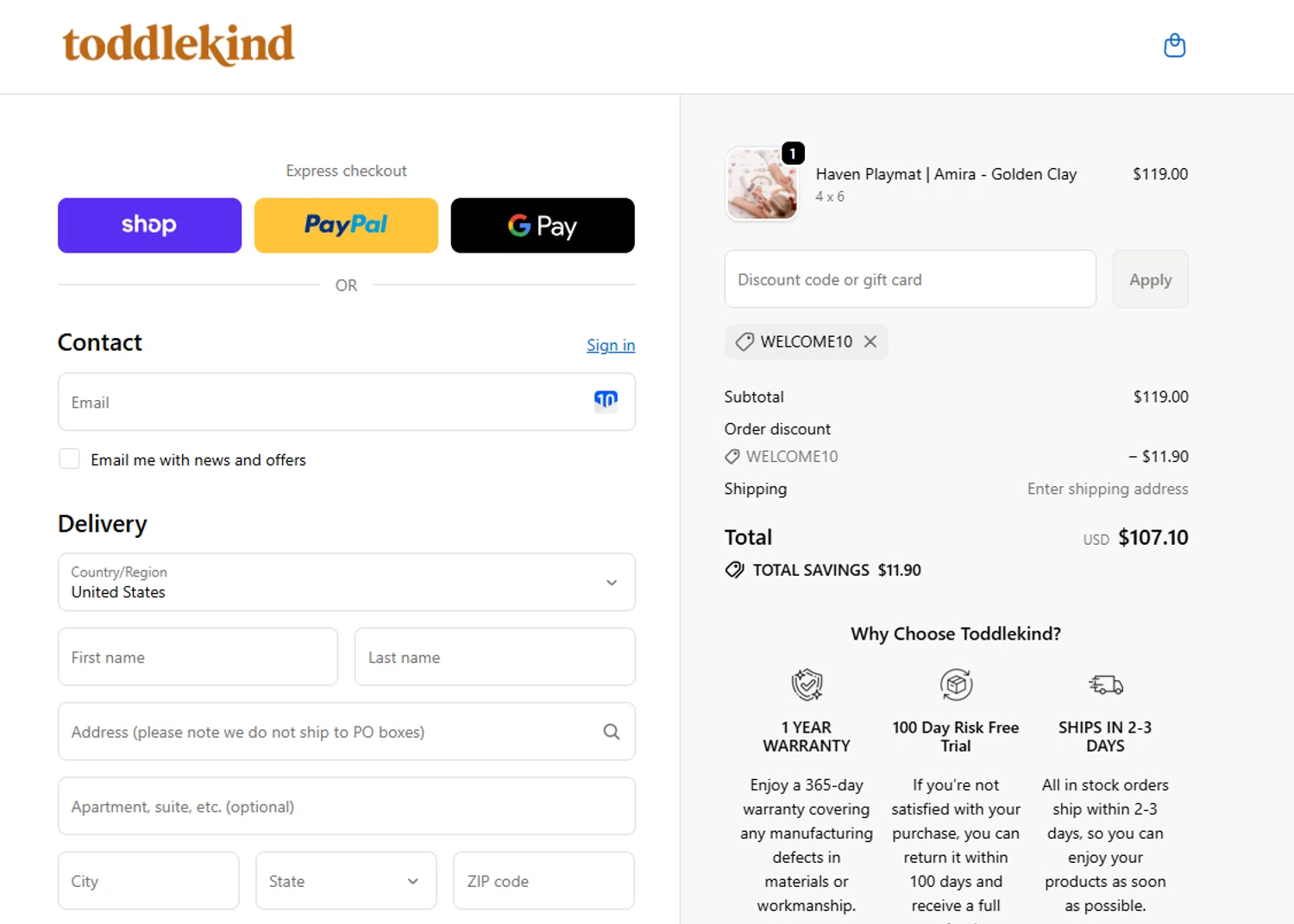 Toddlekind USA promo code screenshot showing code welcome10 applied at Toddlekind USA checkout page. Uploaded by SimplyCodes community member Westcoll on Dec 29, 2025