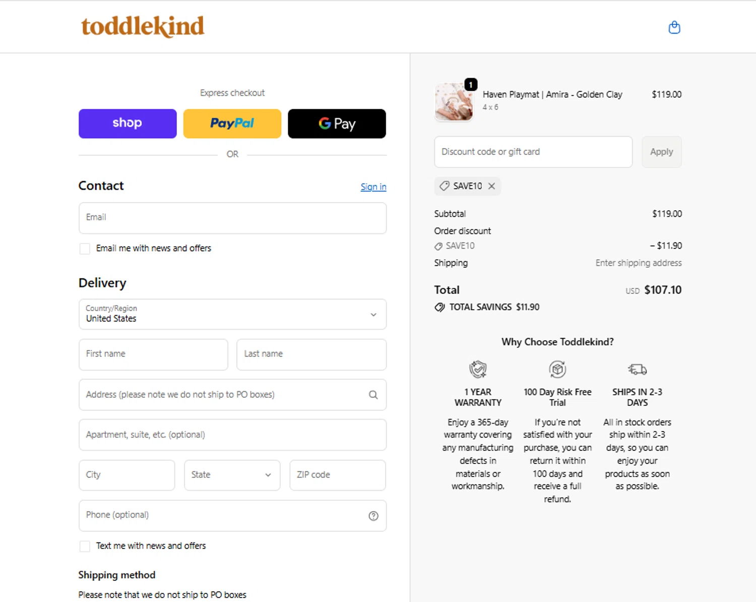 Toddlekind USA promo code screenshot showing code save10 applied at Toddlekind USA checkout page. Uploaded by SimplyCodes community member ylenisjordan on Dec 29, 2025