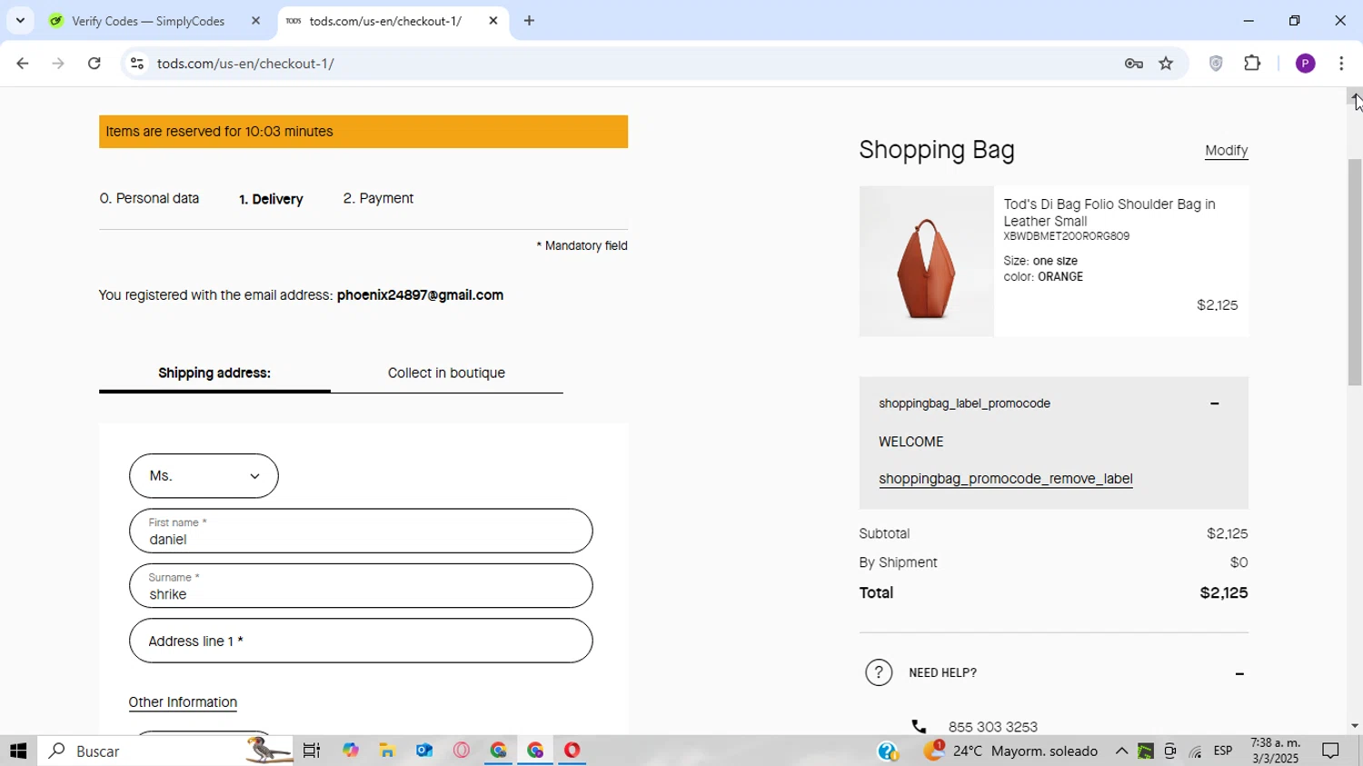 Tod's promo code screenshot showing code WELCOME applied at Tod's checkout page. Uploaded by SimplyCodes community member CoinPhoenix3025 on Mar 3, 2025