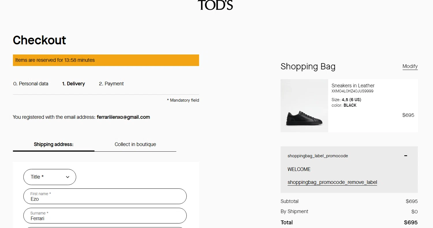 Tod's promo code screenshot showing code WELCOME applied at Tod's checkout page. Uploaded by SimplyCodes community member enzoonova on Mar 3, 2025