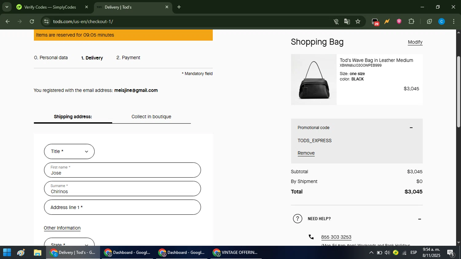 Tod's promo code screenshot showing code TODS_EXPRESS applied at Tod's checkout page. Uploaded by SimplyCodes community member NobleFox488 on Nov 8, 2025