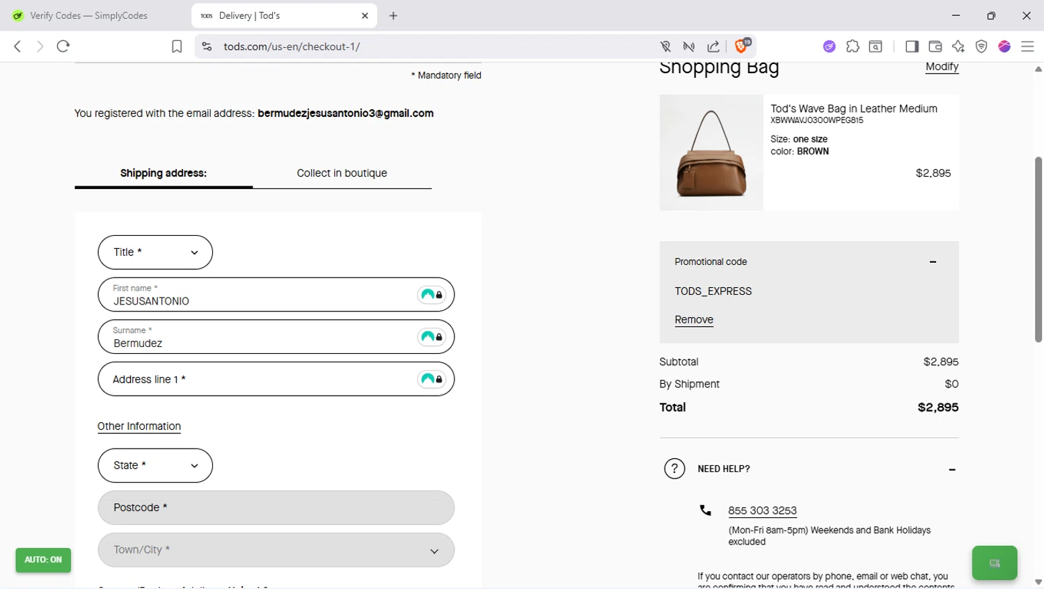 Tod's promo code screenshot showing code TODS_EXPRESS applied at Tod's checkout page. Uploaded by SimplyCodes community member SapeGato on Sep 24, 2025