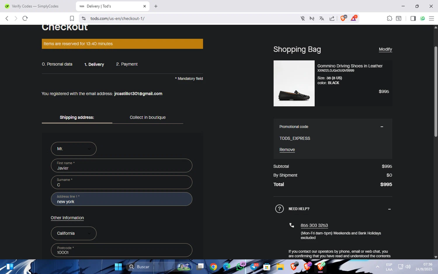 Tod's promo code screenshot showing code TODS_EXPRESS applied at Tod's checkout page. Uploaded by SimplyCodes community member Widopalacios on Sep 24, 2025