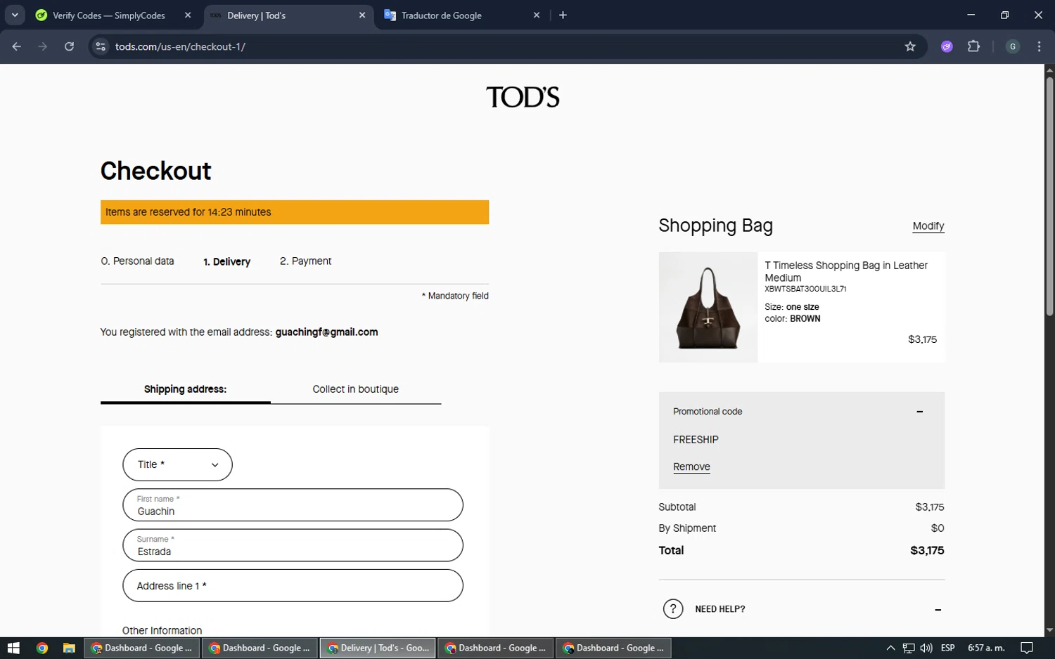 Tod's promo code screenshot showing code FREESHIP applied at Tod's checkout page. Uploaded by SimplyCodes community member TOUSEN on Jul 8, 2025