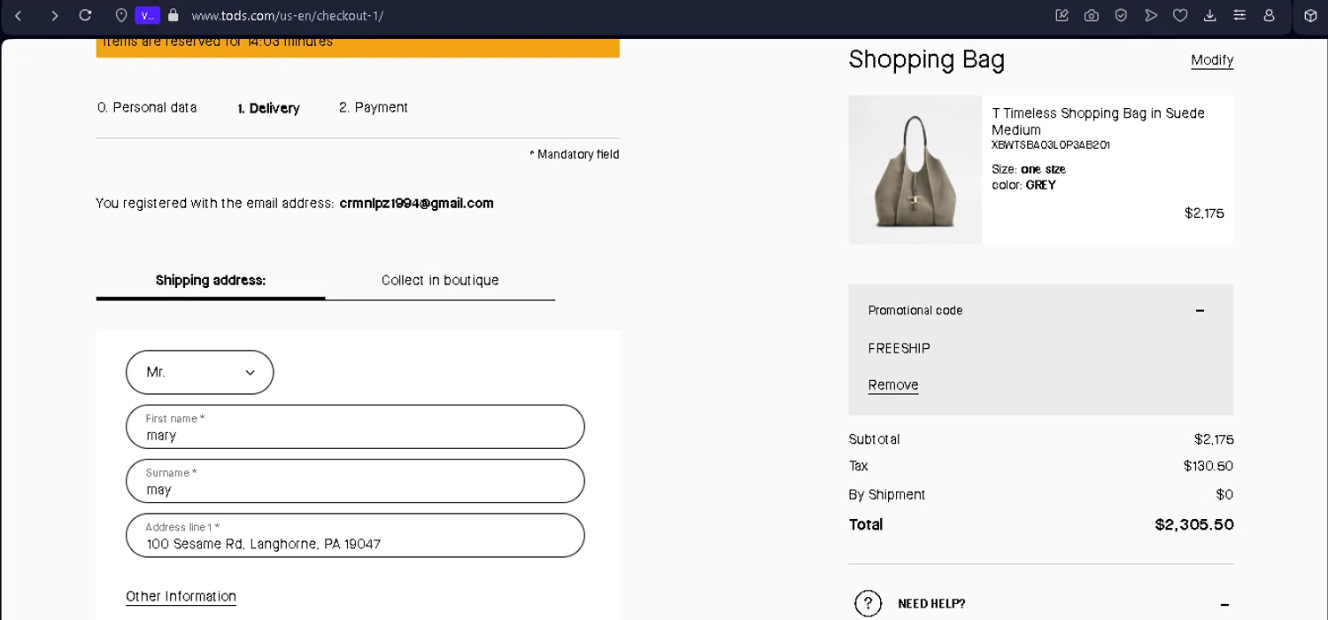 Tod's promo code screenshot showing code FREESHIP applied at Tod's checkout page. Uploaded by SimplyCodes community member NobleSentinel8535 on Apr 25, 2025
