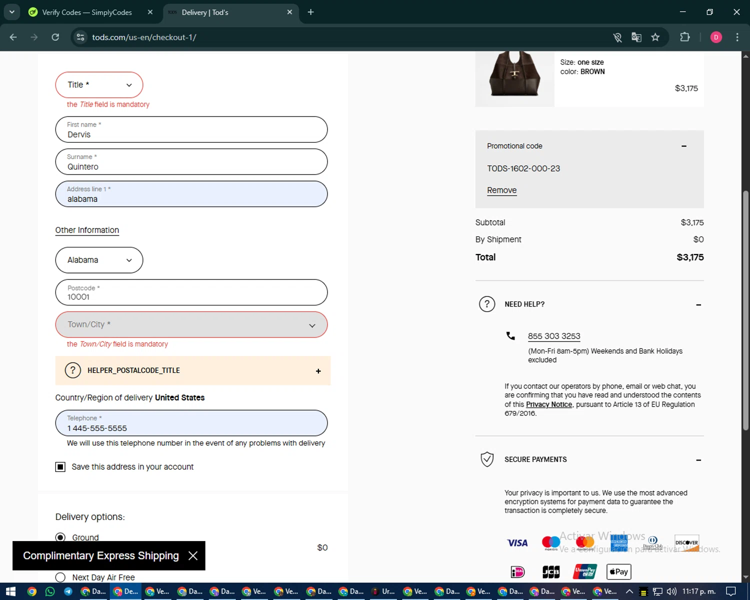 Tod's promo code screenshot showing code TODS-1602-000-23 applied at Tod's checkout page. Uploaded by SimplyCodes community member MoneySeeker7165 on Sep 10, 2025