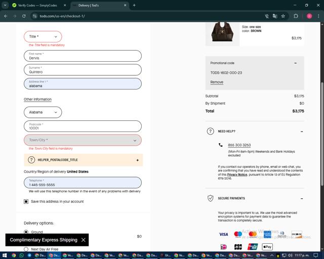 Tod's checkout page showing Tod's promo code box | Screenshot taken by SimplyCodes community member on Sep 10, 2025