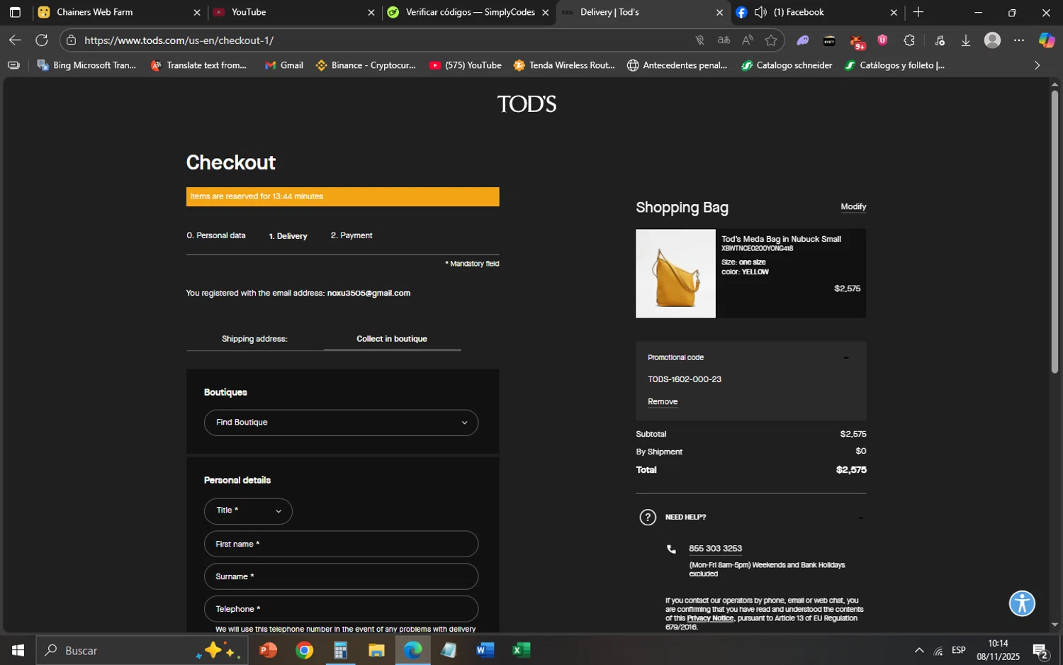Tod's promo code screenshot showing code TODS-1602-000-23 applied at Tod's checkout page. Uploaded by SimplyCodes community member SaskeUchiha on Nov 8, 2025