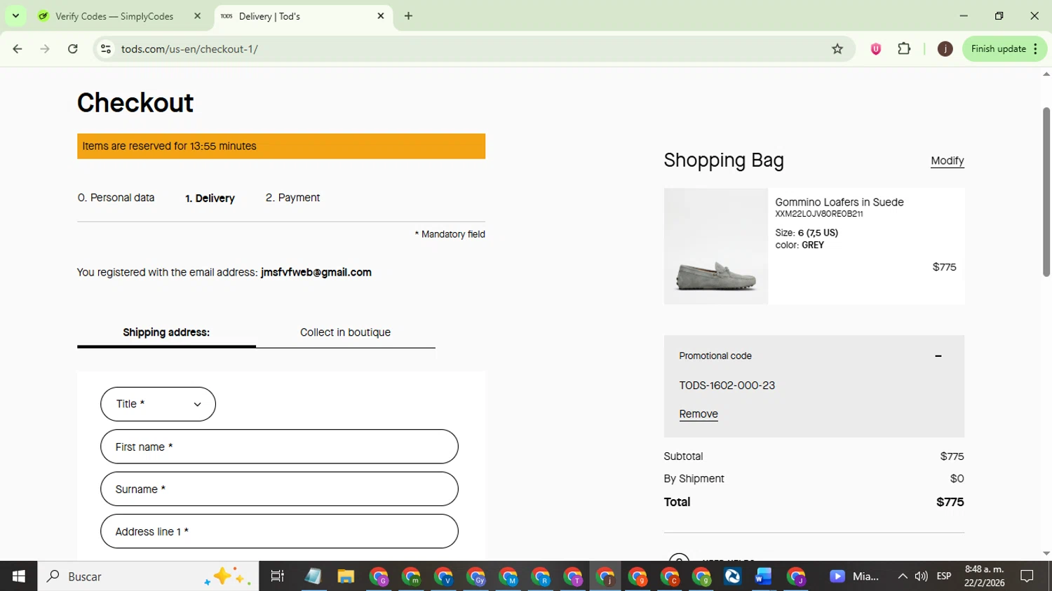 Tod's checkout page showing Tod's promo code box | Screenshot taken by SimplyCodes community member on Feb 22, 2026