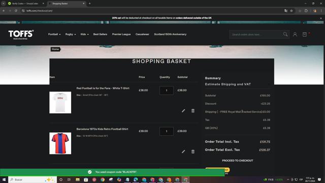 Toffs checkout page showing Toffs promo code box | Screenshot taken by SimplyCodes community member on Nov 28, 2024
