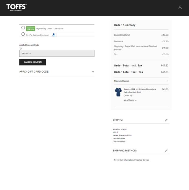 Toffs checkout page showing Toffs promo code box | Screenshot taken by SimplyCodes community member on Oct 10, 2024