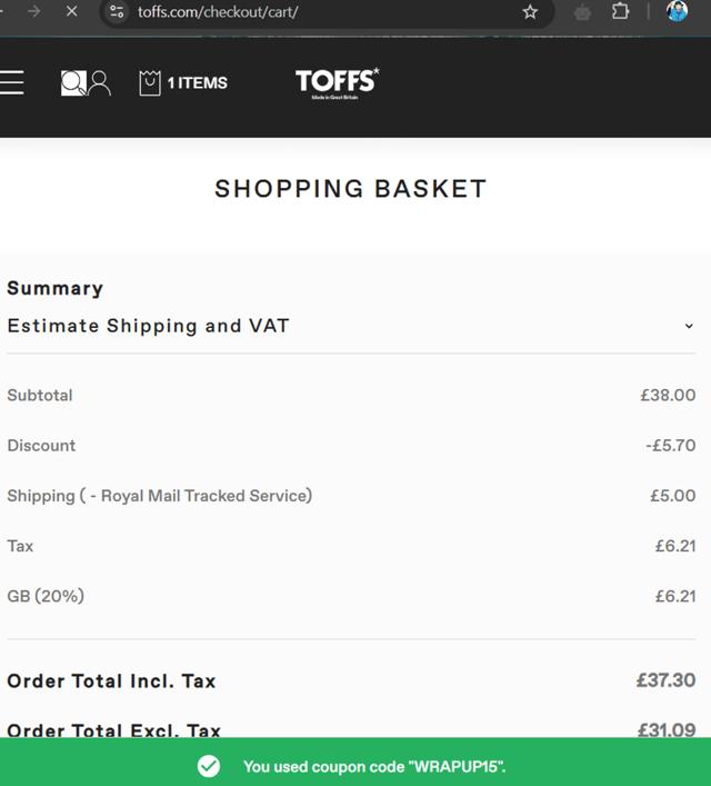 Toffs checkout page showing Toffs promo code box | Screenshot taken by SimplyCodes community member on Sep 27, 2024