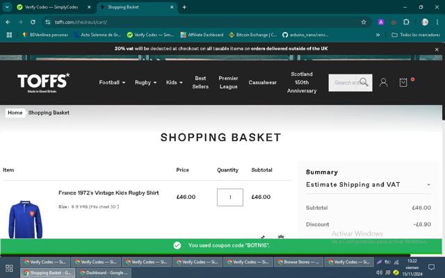 Toffs checkout page showing Toffs promo code box | Screenshot taken by SimplyCodes community member on Nov 15, 2024