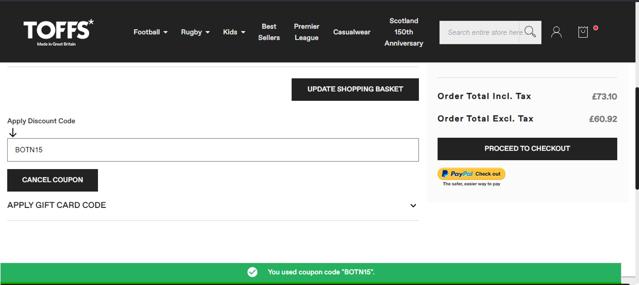 Toffs checkout page showing Toffs promo code box | Screenshot taken by SimplyCodes community member on Dec 14, 2024