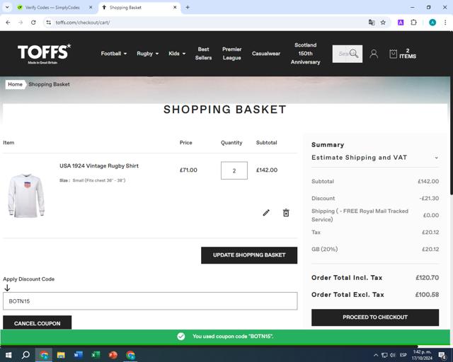 Toffs checkout page showing Toffs promo code box | Screenshot taken by SimplyCodes community member on Oct 17, 2024