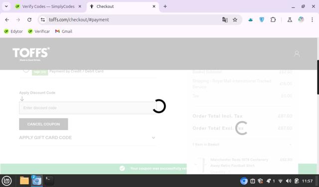Toffs checkout page showing Toffs promo code box | Screenshot taken by SimplyCodes community member on Dec 13, 2024