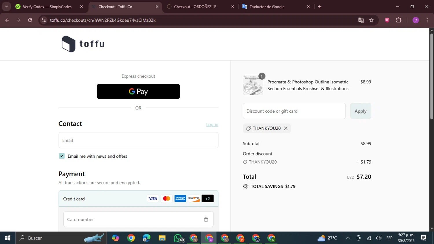 Toffu Co promo code screenshot showing code THANKYOU20 applied at Toffu Co checkout page. Uploaded by SimplyCodes community member FrugalPro5078 on Aug 30, 2025