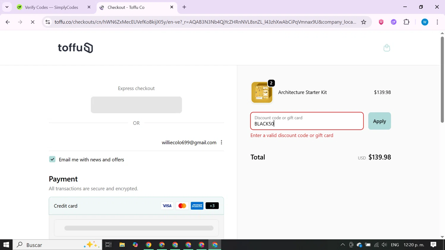 Toffu Co promo code screenshot showing code BLACK50 applied at Toffu Co checkout page. Uploaded by SimplyCodes community member CrownShopper7142 on Dec 18, 2025