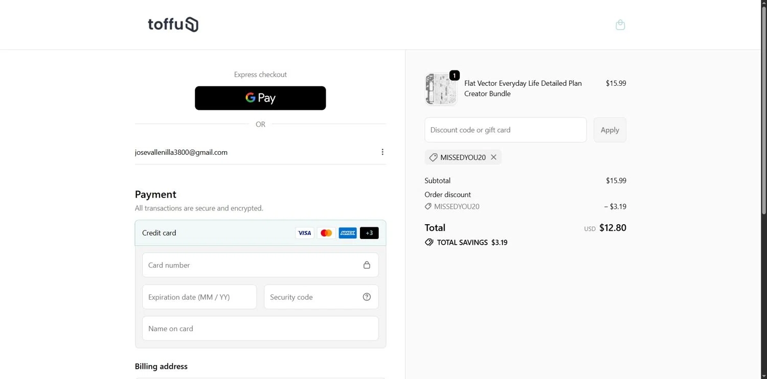Toffu Co promo code screenshot showing code MISSEDYOU20 applied at Toffu Co checkout page. Uploaded by SimplyCodes community member Depressive on Nov 1, 2025