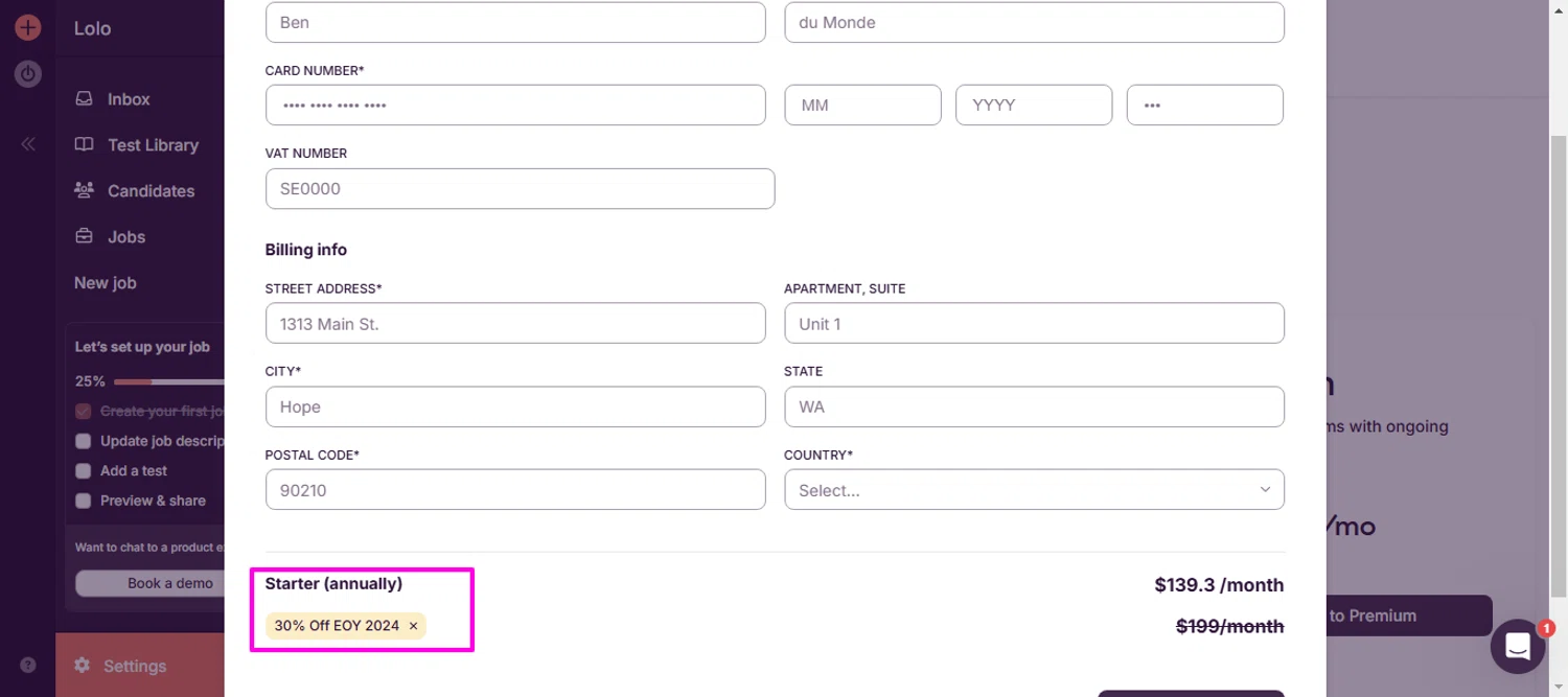 Toggl promo code screenshot showing code 30OFFHIRE applied at Toggl checkout page. Uploaded by SimplyCodes community member mrdarcy on Mar 18, 2025