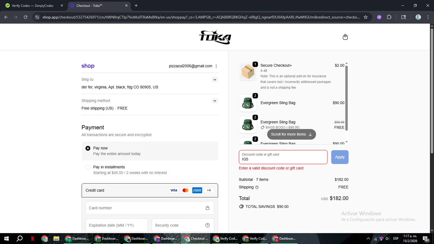 Toka discount code screenshot showing code IG5 applied at Toka checkout page. Uploaded by SimplyCodes community member ShrewdSeeker6165 on Feb 15, 2026