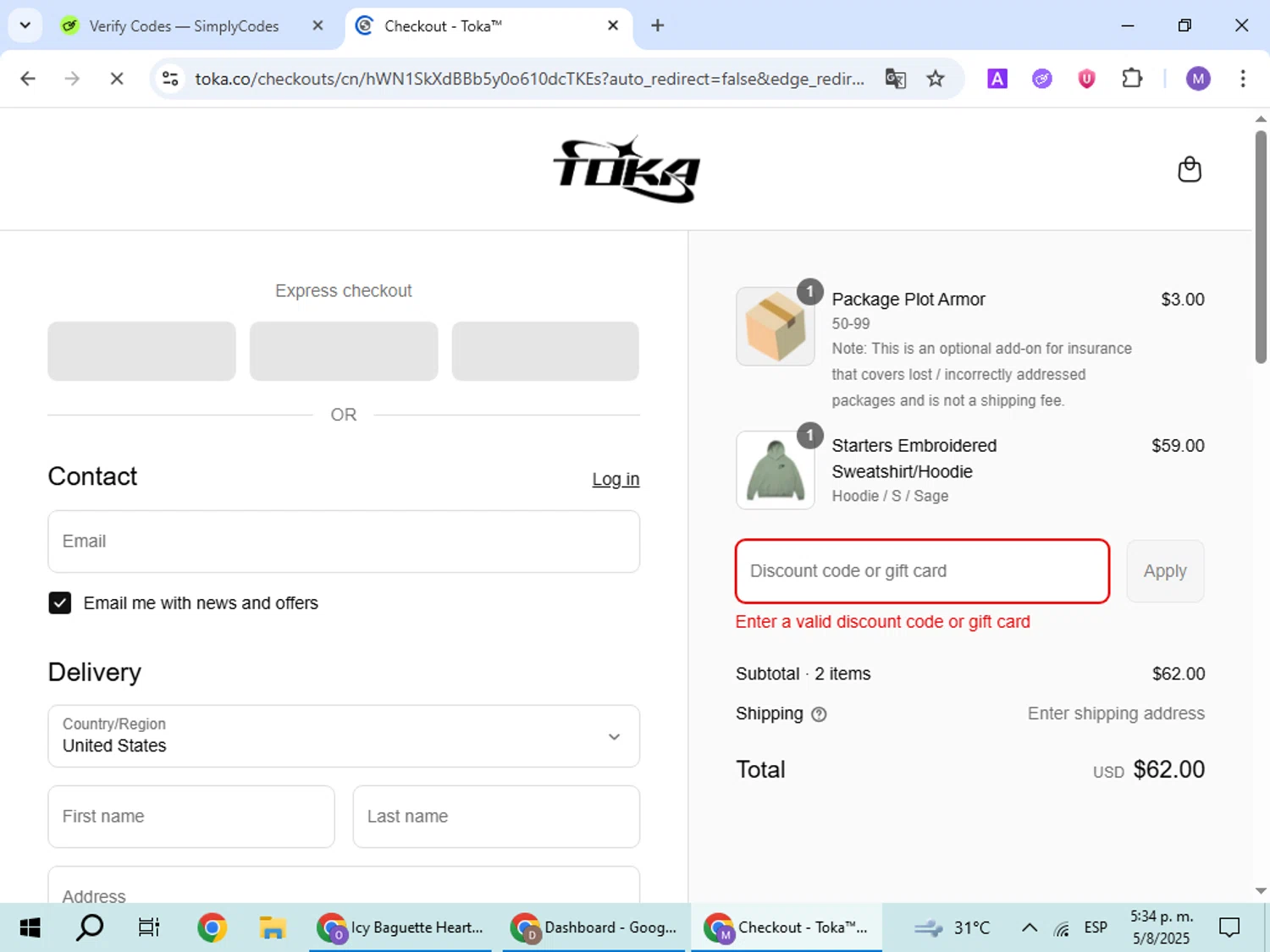 Toka discount code screenshot showing code WILSON applied at Toka checkout page. Uploaded by SimplyCodes community member VoucherScout6115 on Aug 5, 2025