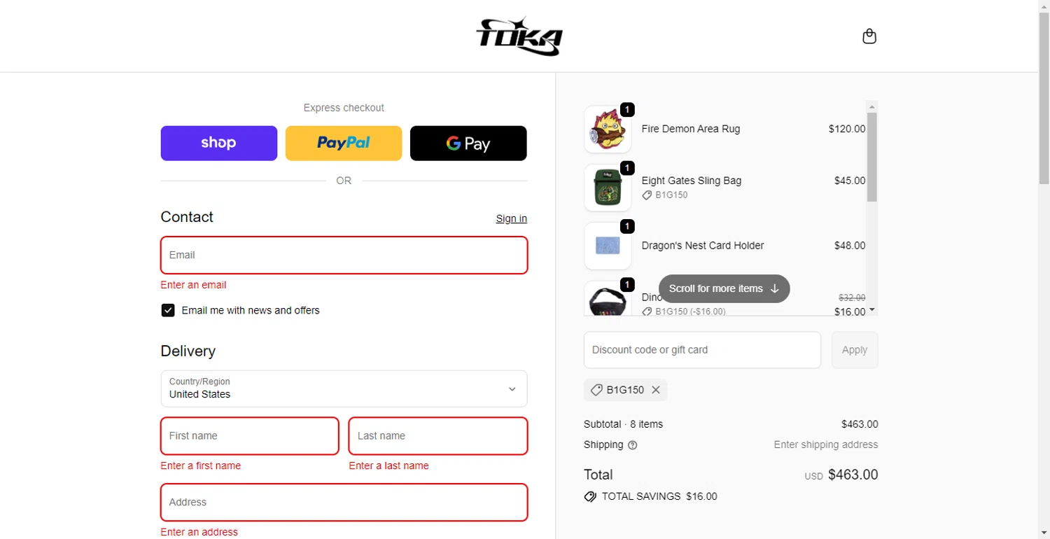 Toka discount code screenshot showing code B1G150 applied at Toka checkout page. Uploaded by SimplyCodes community member DiscountPhoenix427 on Oct 16, 2025