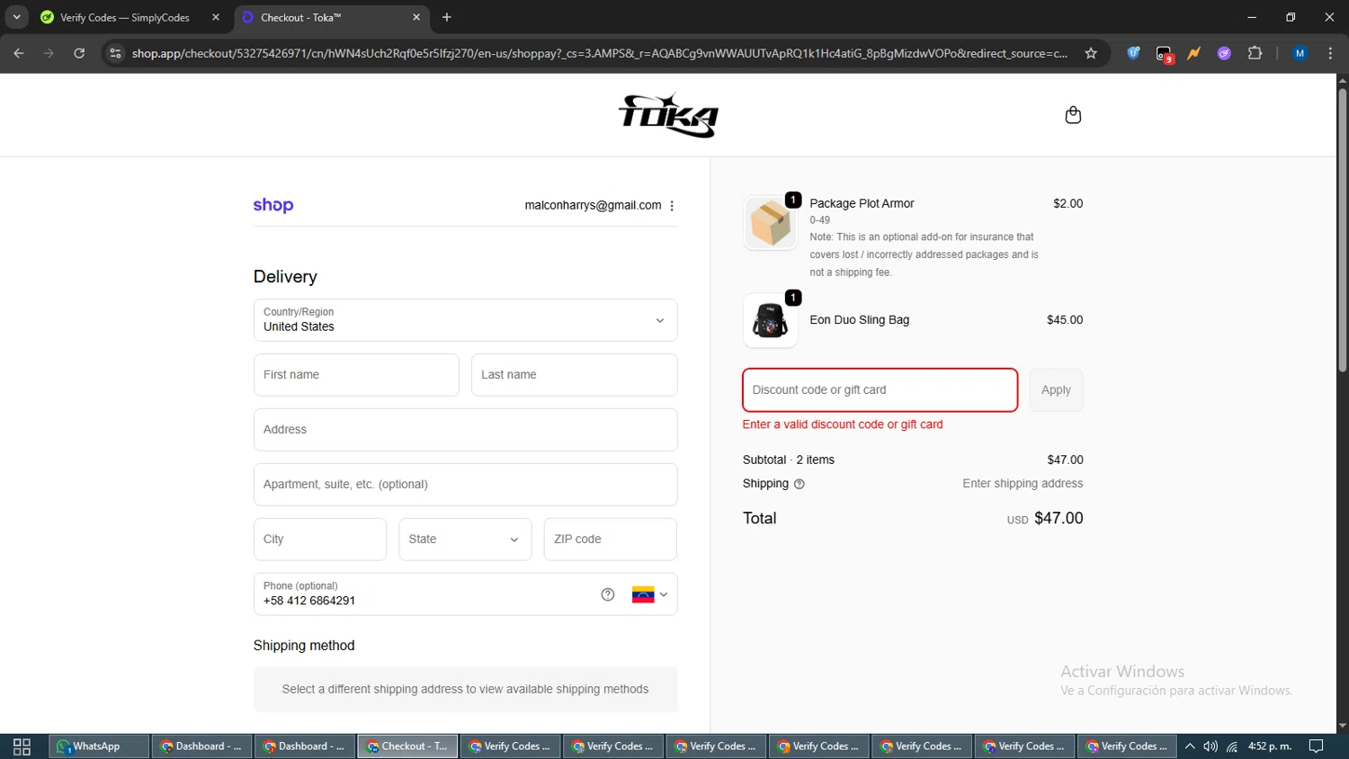 Toka discount code screenshot showing code B1G150 applied at Toka checkout page. Uploaded by SimplyCodes community member EpicVoyager2820 on Nov 3, 2025