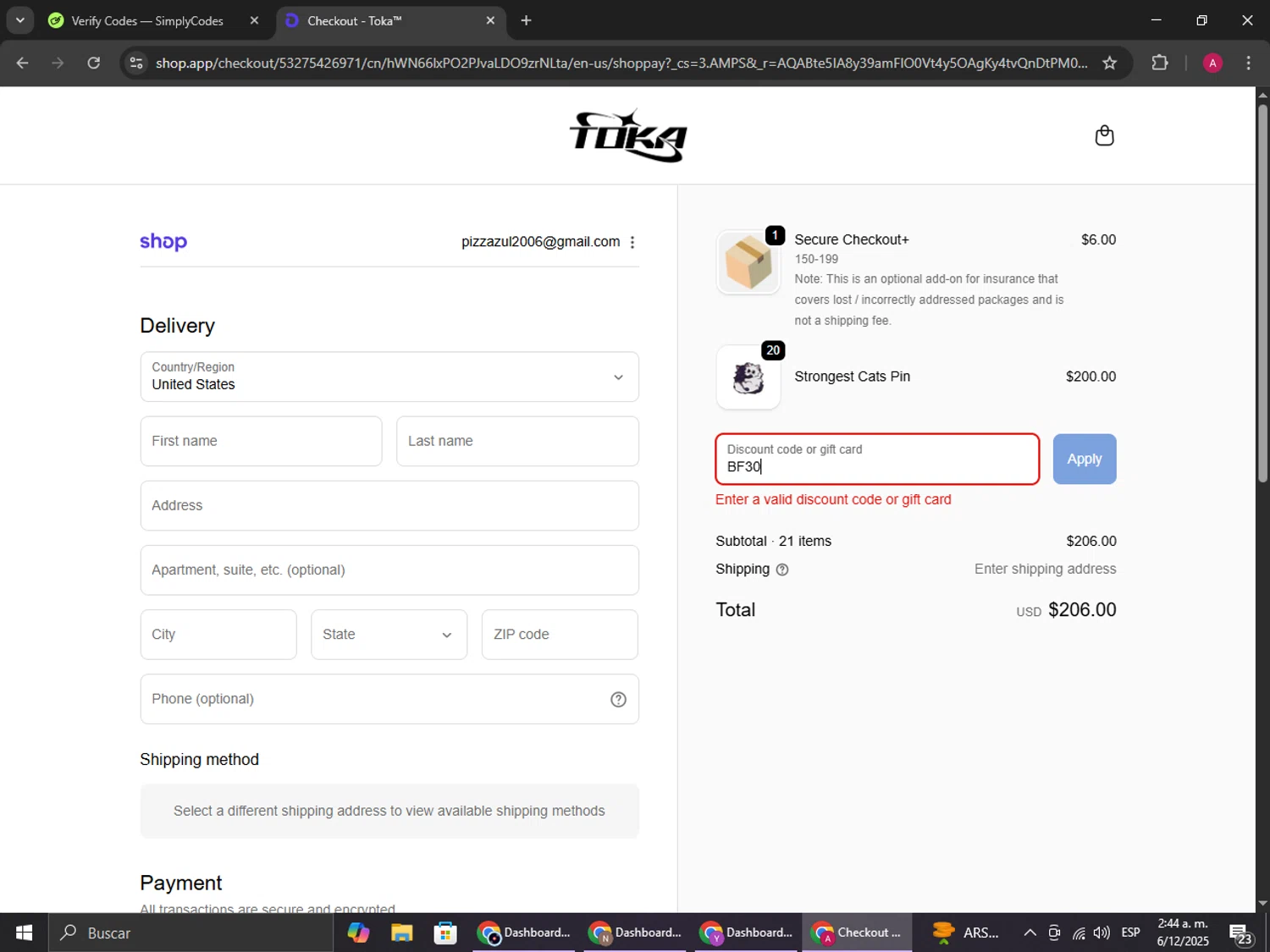 Toka discount code screenshot showing code BF30 applied at Toka checkout page. Uploaded by SimplyCodes community member BMWGS1200 on Dec 6, 2025