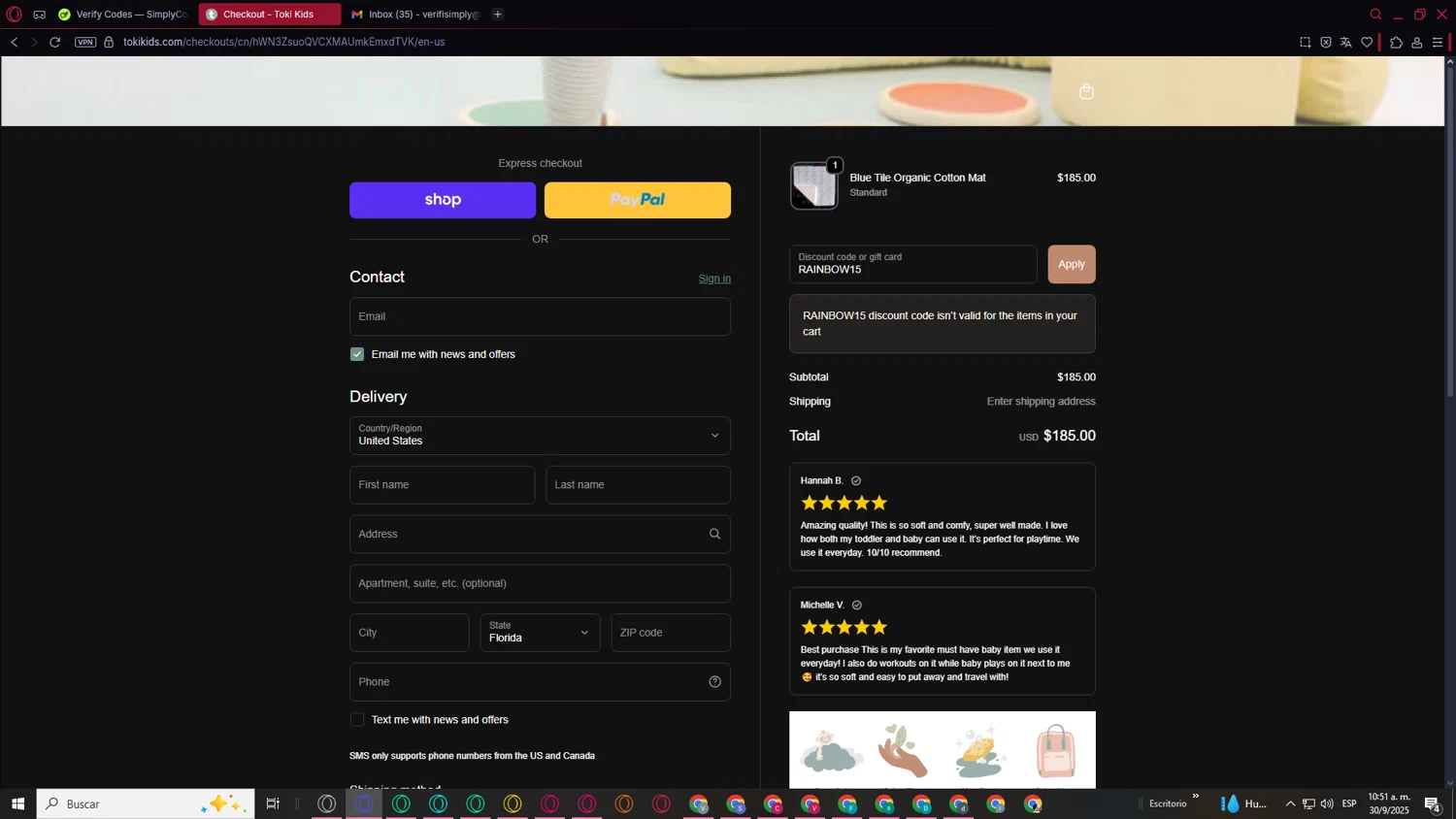 Toki Mats discount code screenshot showing code RAINBOW15 applied at Toki Mats checkout page. Uploaded by SimplyCodes community member DealCaptain7241 on Sep 30, 2025