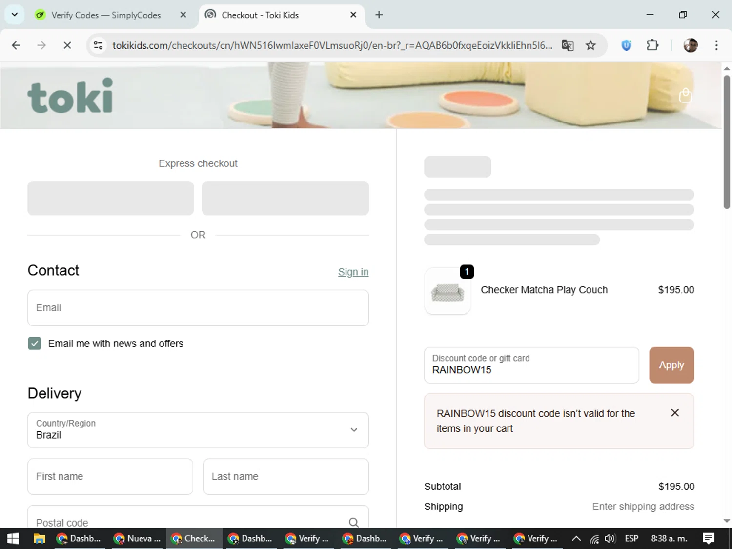 Toki Mats discount code screenshot showing code RAINBOW15 applied at Toki Mats checkout page. Uploaded by SimplyCodes community member DiscountSeeker682 on Nov 7, 2025