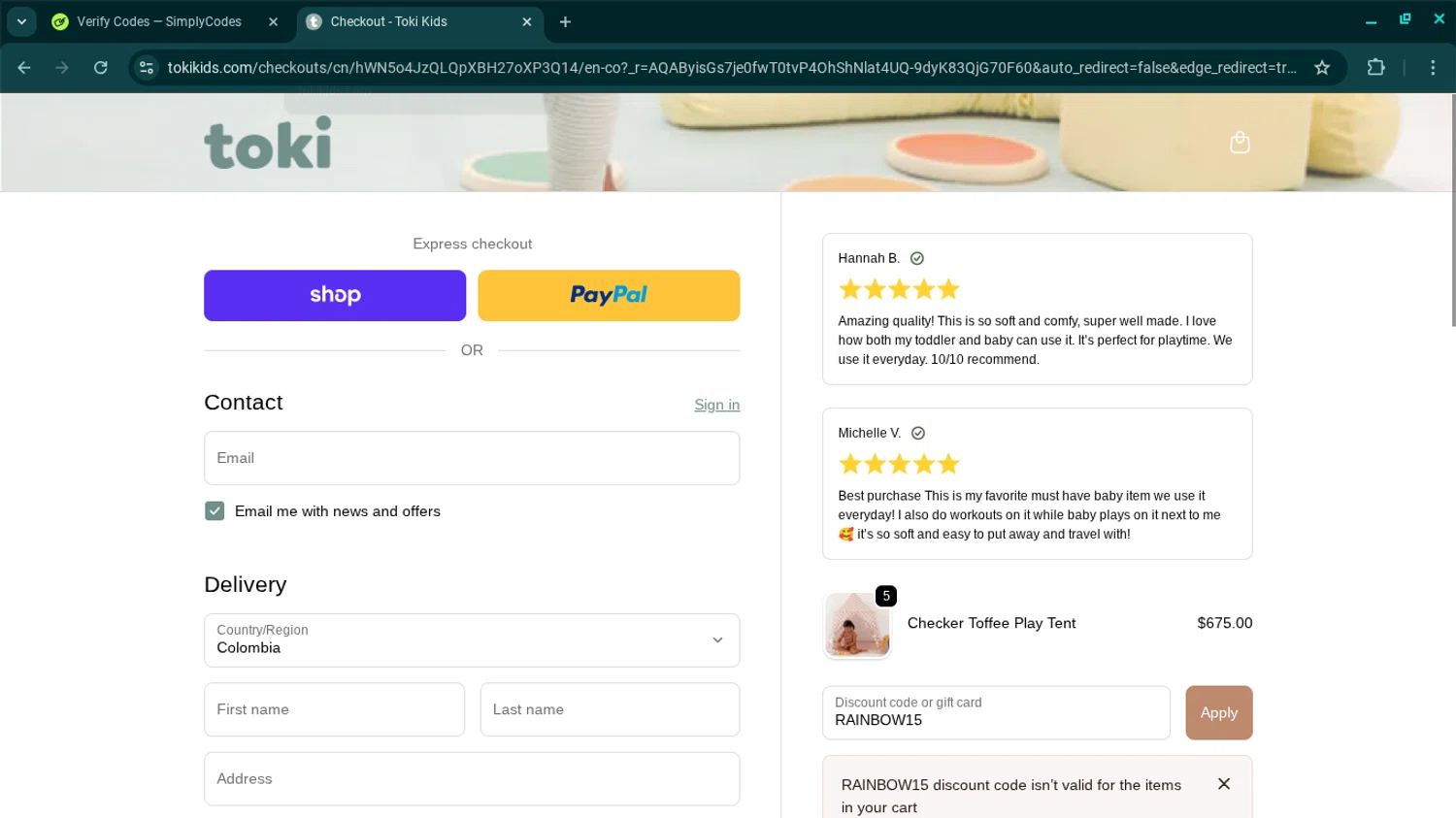 Toki Mats discount code screenshot showing code RAINBOW15 applied at Toki Mats checkout page. Uploaded by SimplyCodes community member SwiftSage2309 on Nov 28, 2025
