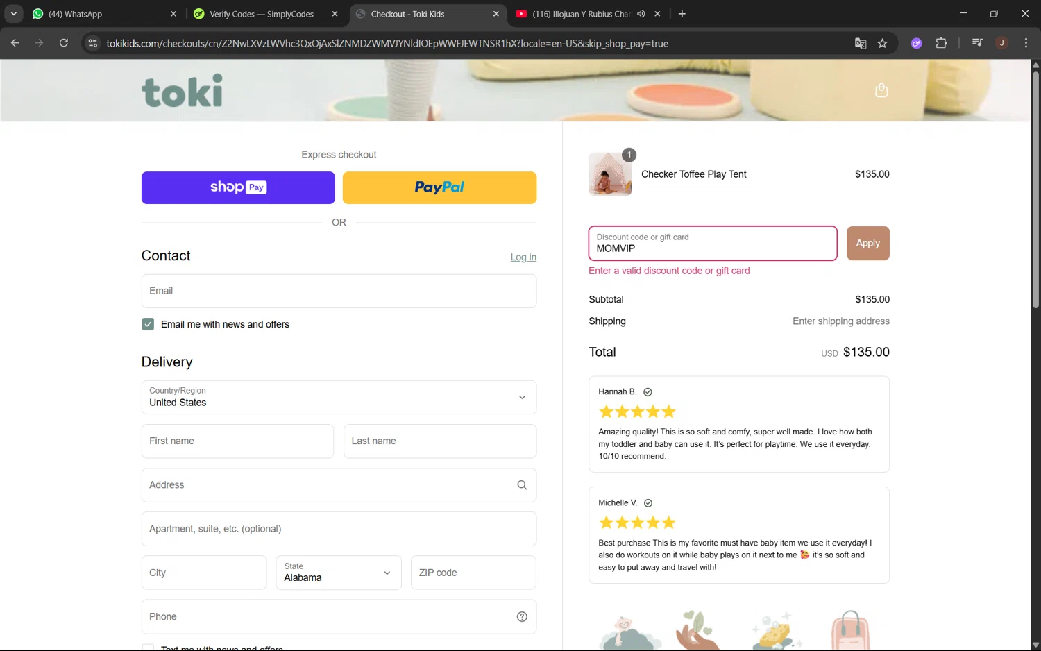 Toki Mats discount code screenshot showing code MOMVIP applied at Toki Mats checkout page. Uploaded by SimplyCodes community member juanx1702 on May 19, 2025