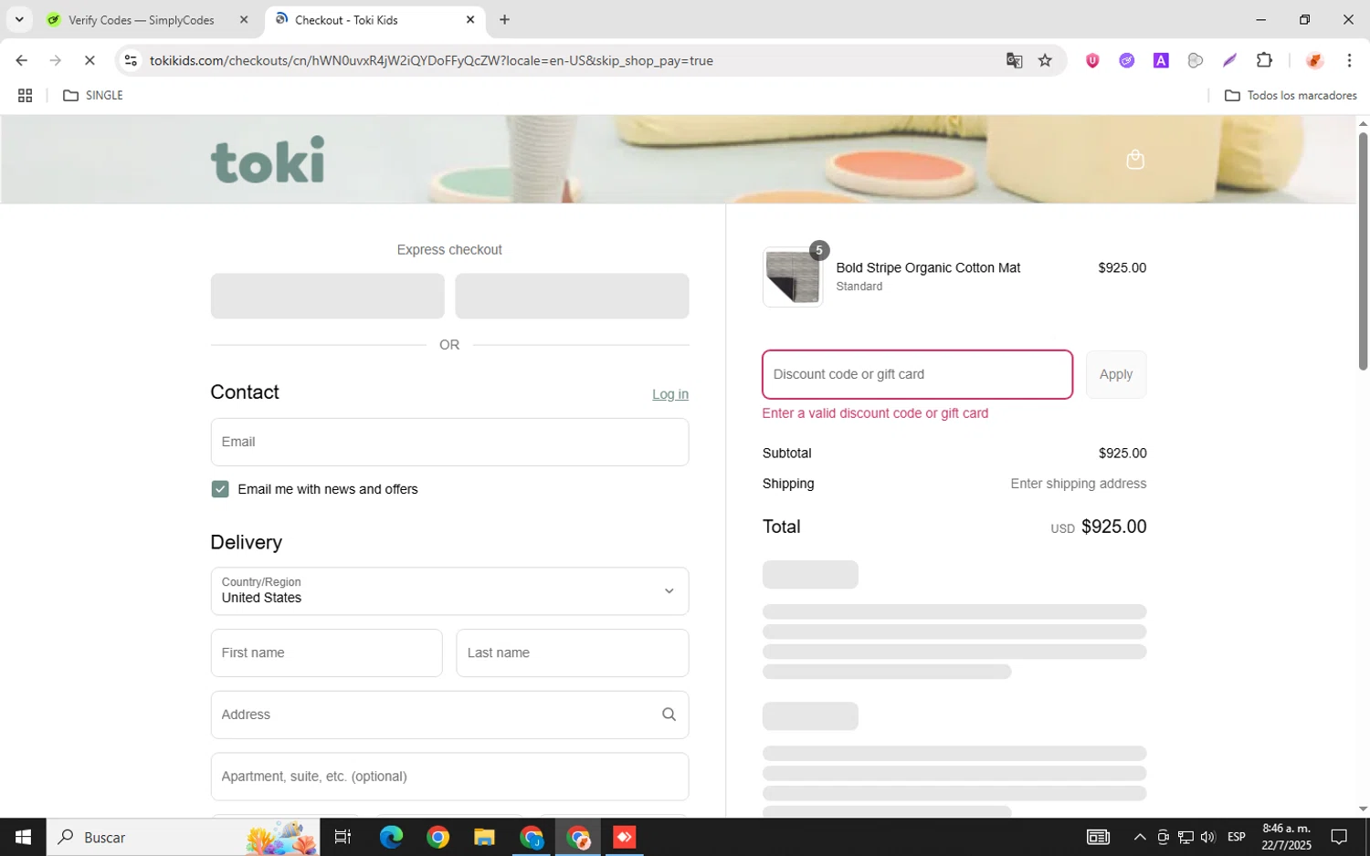 Toki Mats discount code screenshot showing code Extra15 applied at Toki Mats checkout page. Uploaded by SimplyCodes community member donaldJtrump on Jul 22, 2025
